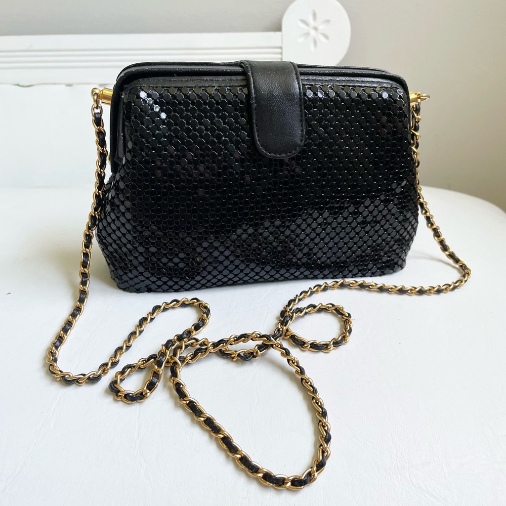 BLACK MESH METAL SHOULDER MINI BAG SNAP GOLD CHAIN SINGLE STRAP